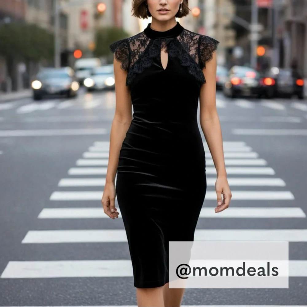 White House Black Market Black Velvet & Lace Veiling Evening Shift Dress Size 2